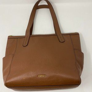 Fossil Brown Pebbled Cowhide Leather Mimi Side Pockets Large Shopper Tote Bag